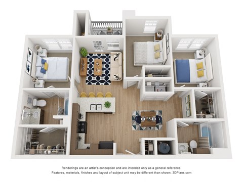 Floor plan for 3 beds, 2 baths, 1059 sqft